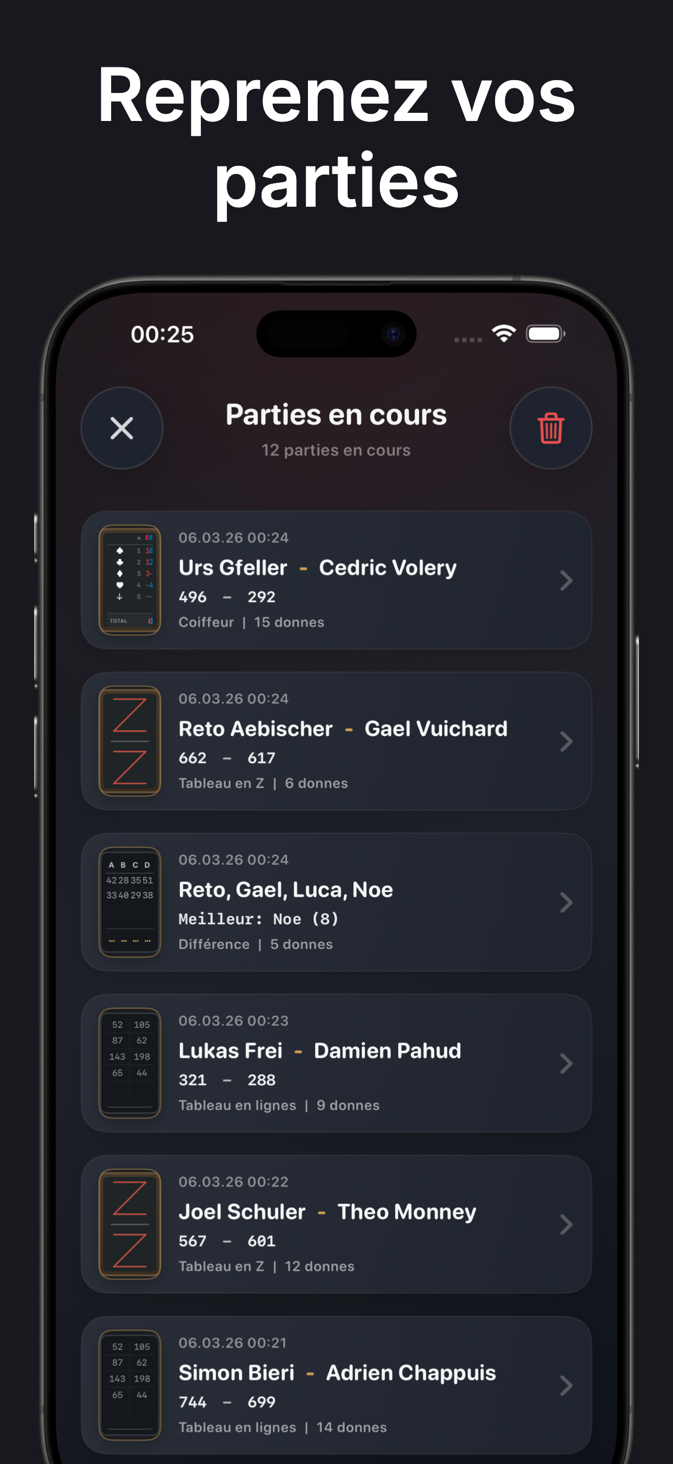 JassScore capture iPhone - Historique